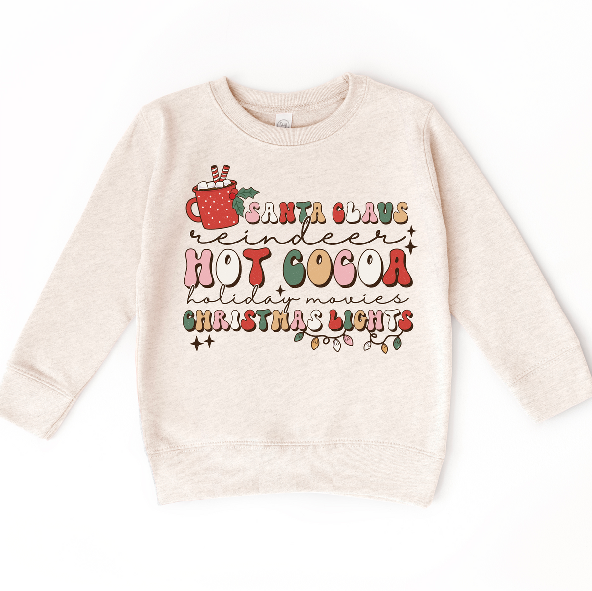 Hot Cocoa Reindeer Christmas design on a natural sweatshirt.