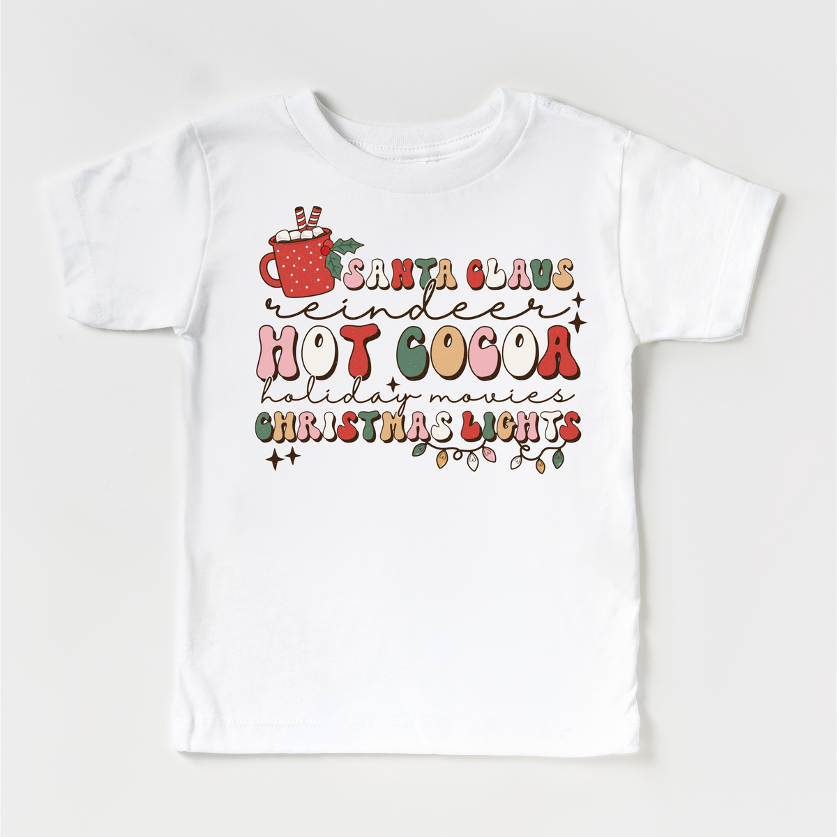 Hot Cocoa Reindeer Christmas design on a white garment.