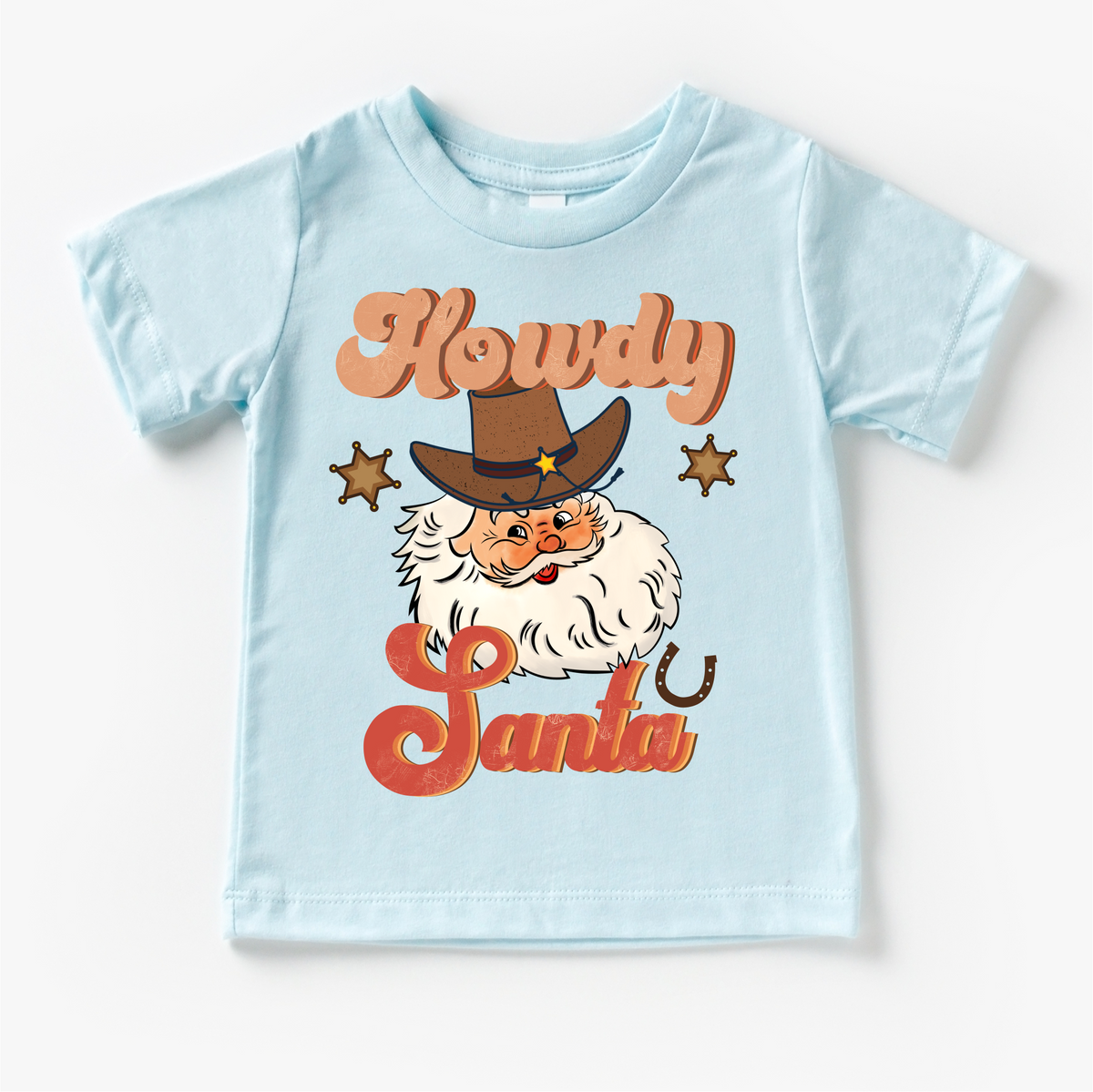 Howdy Santa Cowboy Christmas design on a blue garment.
