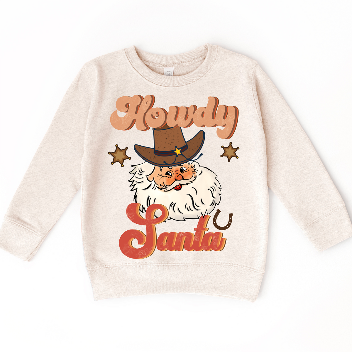 Howdy Santa Cowboy Christmas Toddler design on a natural sweatshirt.