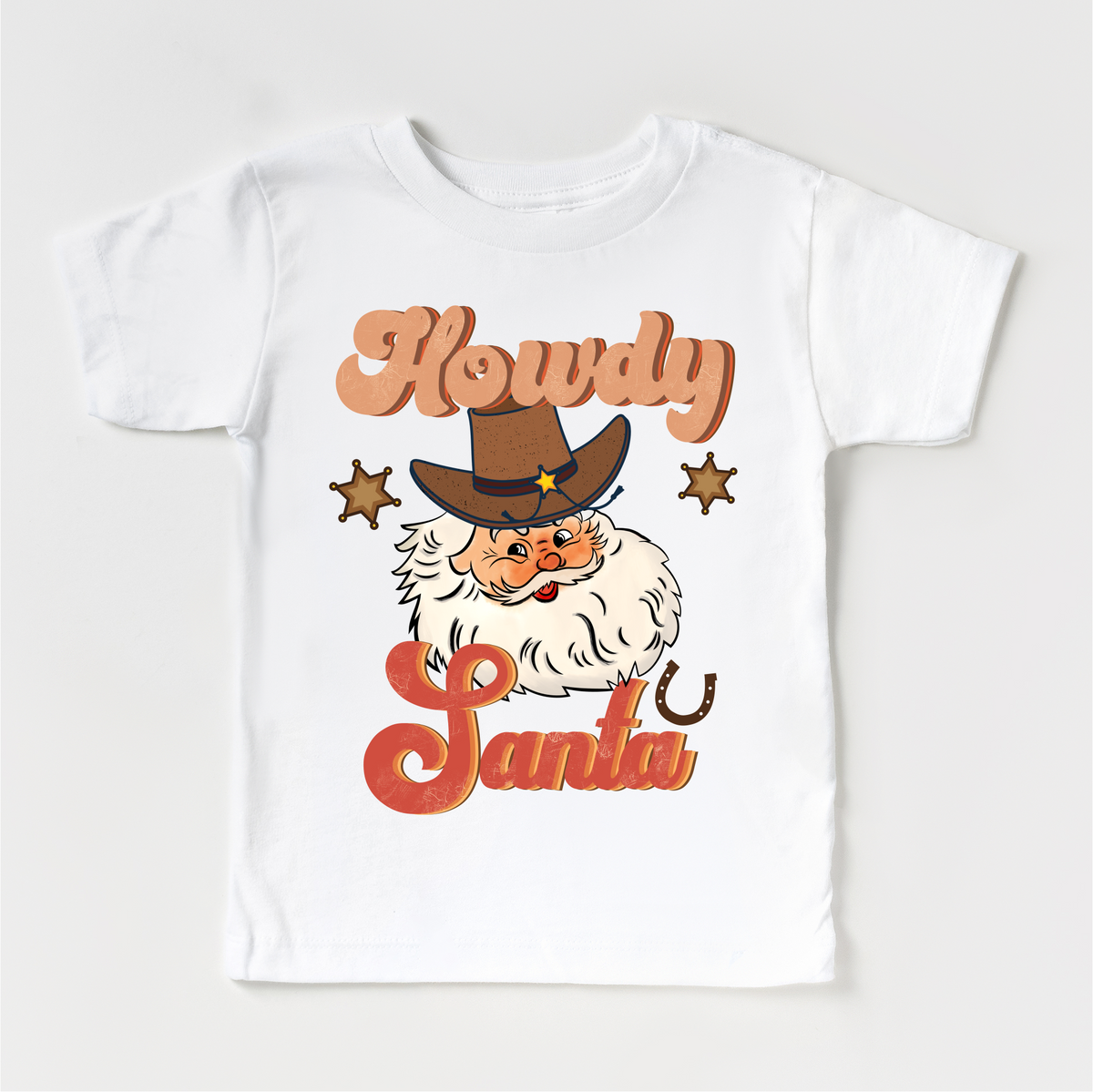 Howdy Santa Cowboy Christmas design on a white garment.