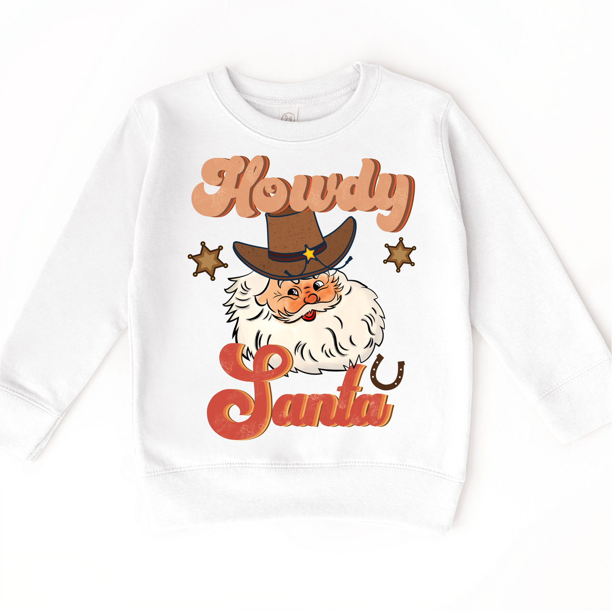 Howdy Santa Cowboy Christmas Toddler design on a white sweatshirt.