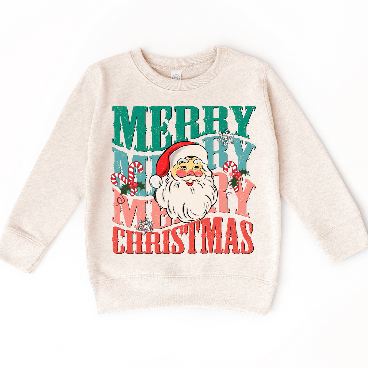 Merry Merry Christmas Santa Toddler design on a natural sweatshirt.