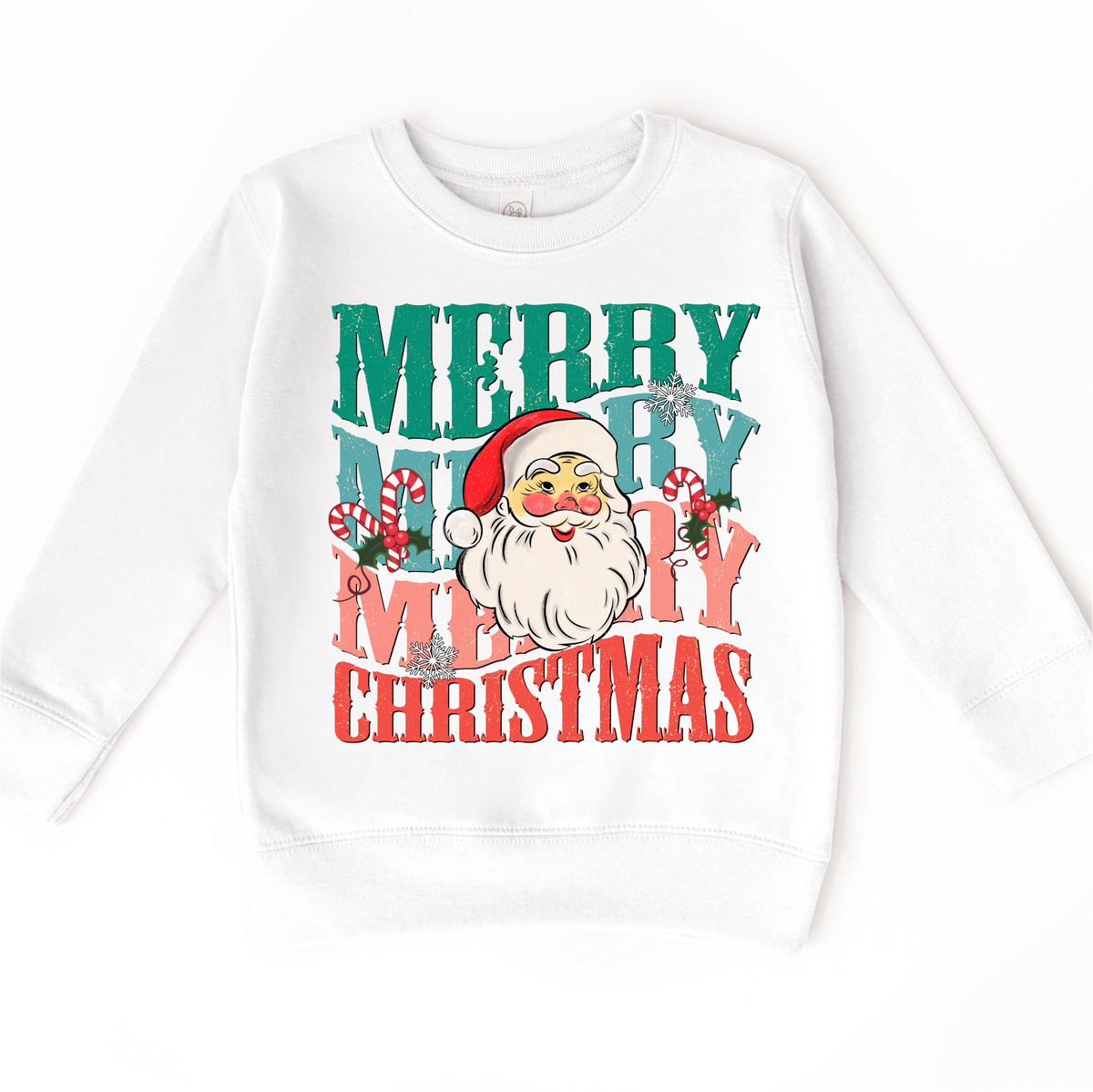 Merry Merry Christmas Santa Toddler design on a white sweatshirt.