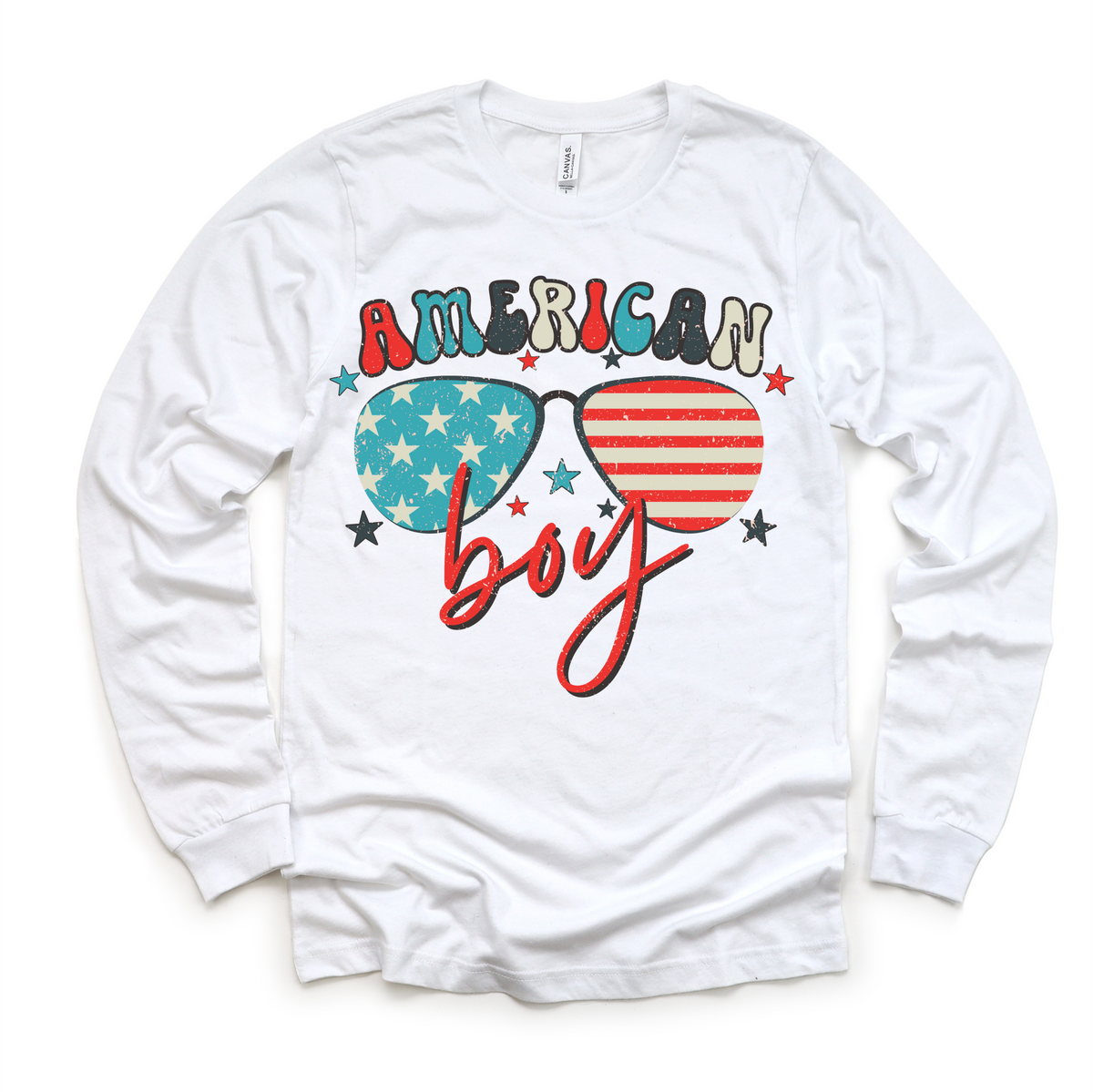 Retro American Boy 4th Of July design on a long sleeve shirt.