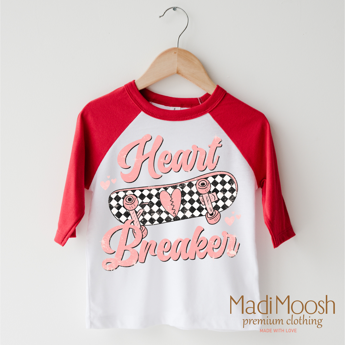 Heart Breaker Skater Valentine design on a red-accented shirt.
