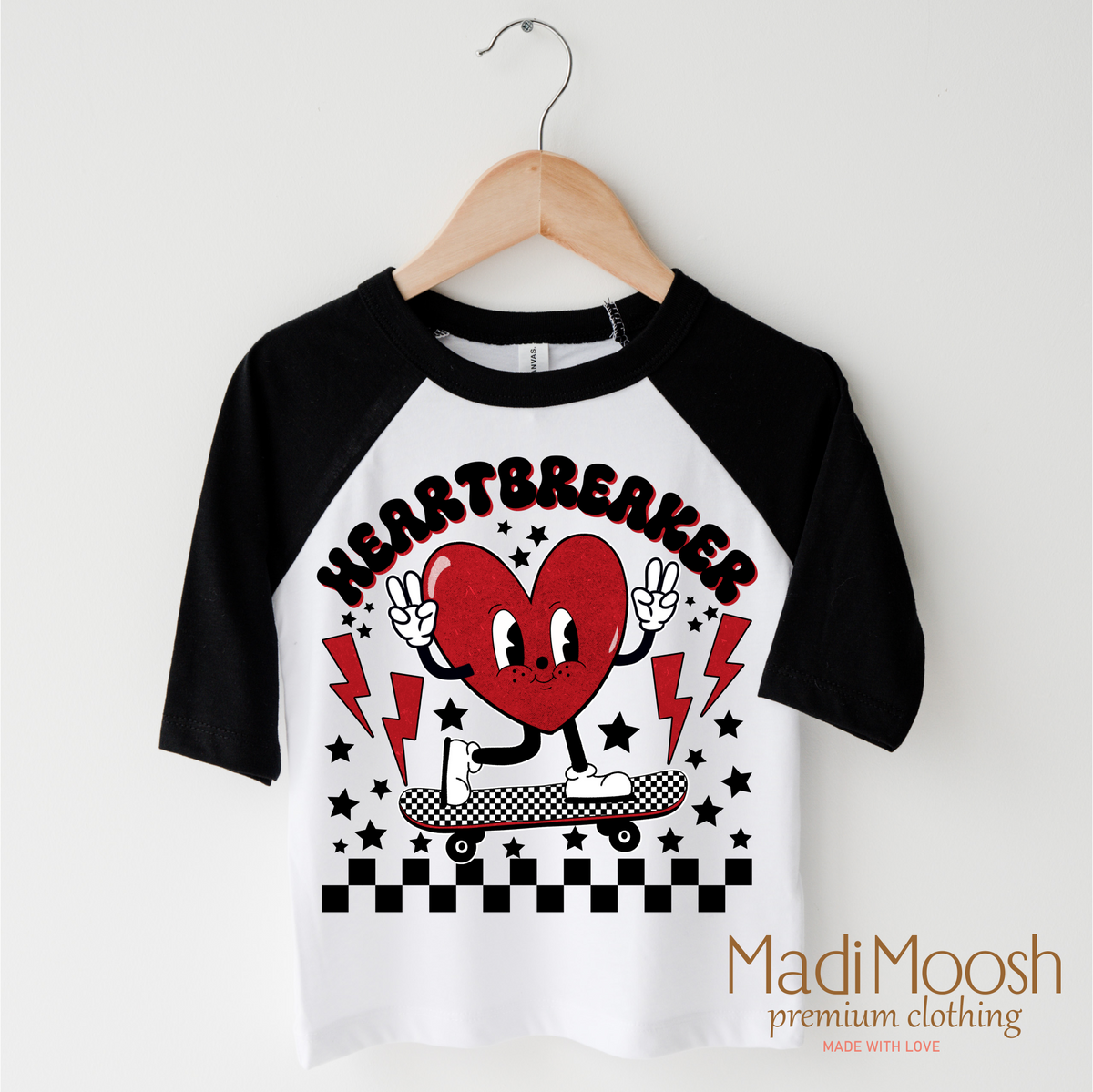 Heartbreaker Valentine design on a black-accented shirt.