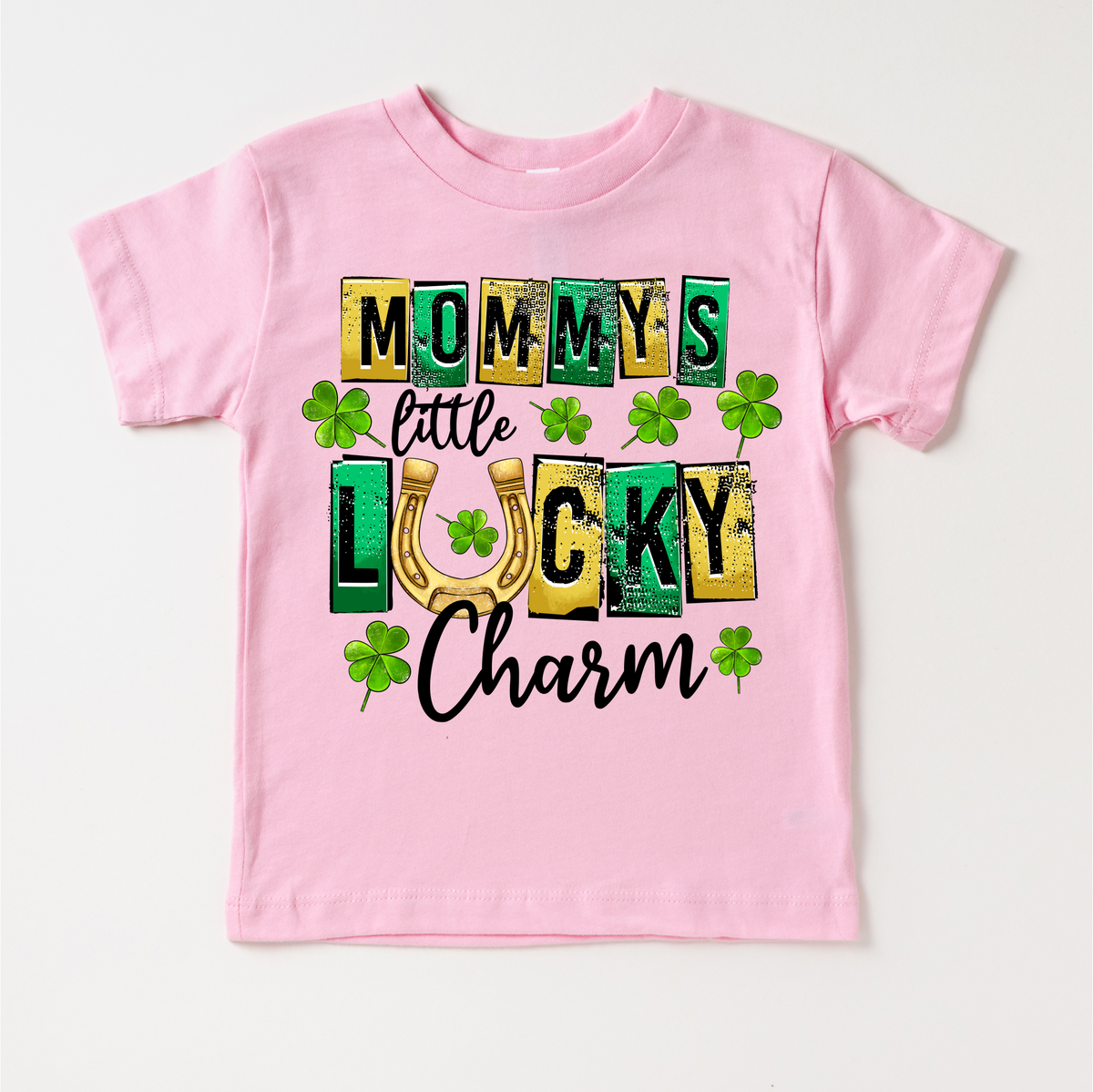 Mommy's Lucky Charm St. Patrick's Day design on a pink garment.