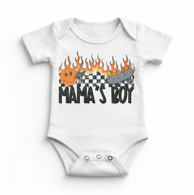 Mama’s Boy Baby Bodysuit | Retro Skater Infant Bodysuit | Cool Boy Outfit | Edgy Checkerboard Flame Design