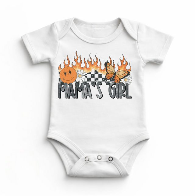 Mama’s Girl Baby Bodysuit | Retro Floral Butterfly Infant Outfit | Trendy Checkerboard Flame Design | Cute Girl Baby Clothes