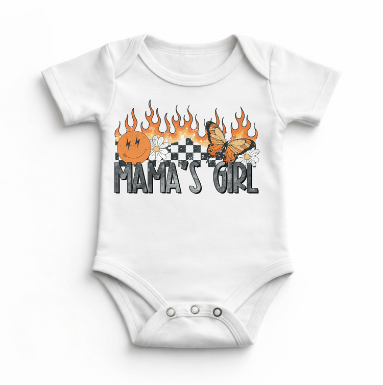 Mama’s Girl Baby Bodysuit | Retro Floral Butterfly Infant Outfit | Trendy Checkerboard Flame Design | Cute Girl Baby Clothes