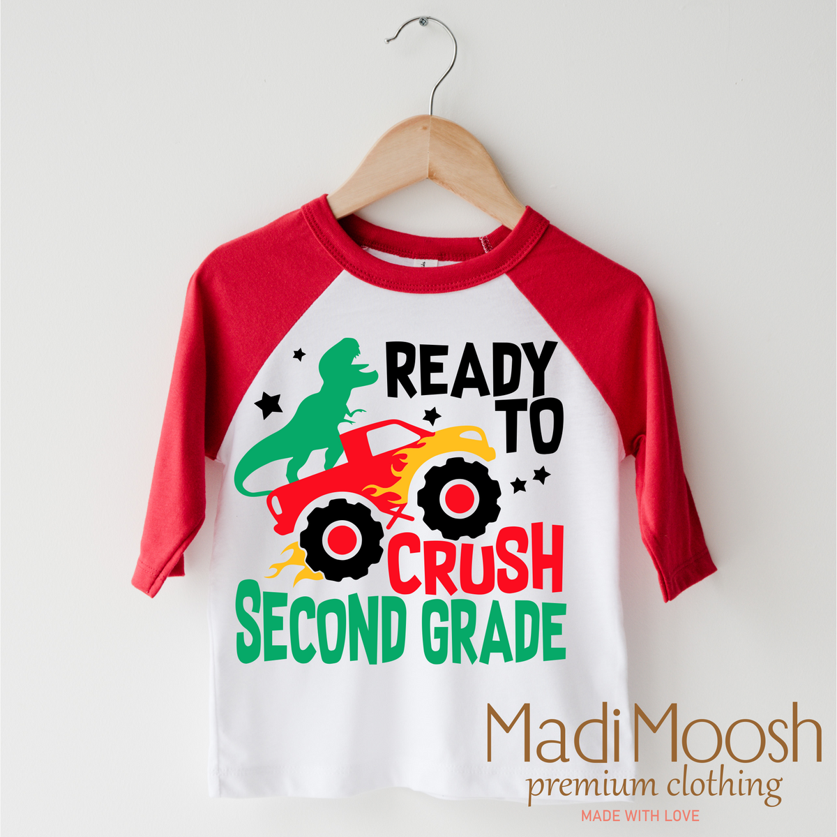 I'm Ready To Crush 2nd Grade Dinosaur Monster Truck design on a red-accented shirt.