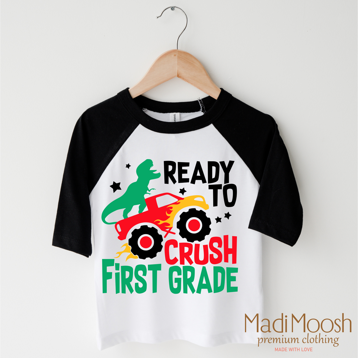 I'm Ready To Crush 1st Grade Dinosaur Monster Truck design on a black-accented shirt.