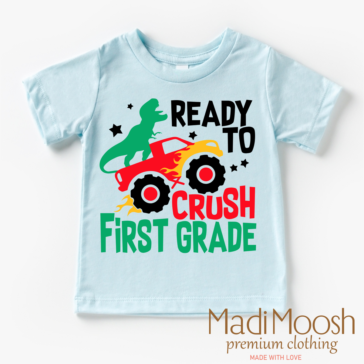 I'm Ready To Crush 1st Grade Dinosaur Monster Truck design on a blue garment.