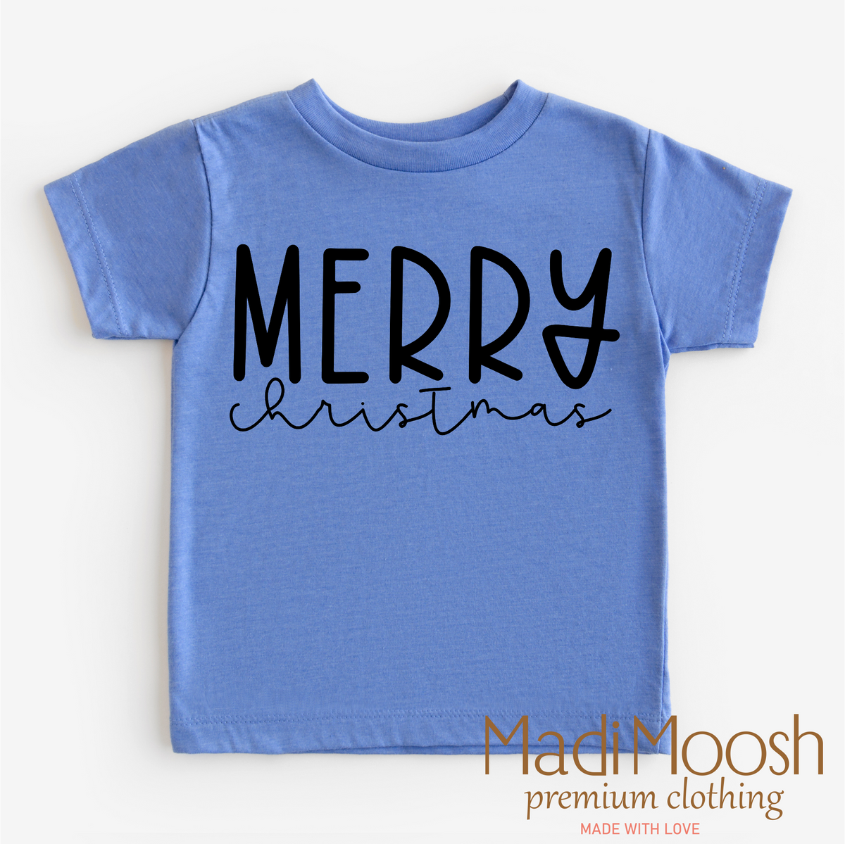 Classic Merry Christmas design on a blue garment.