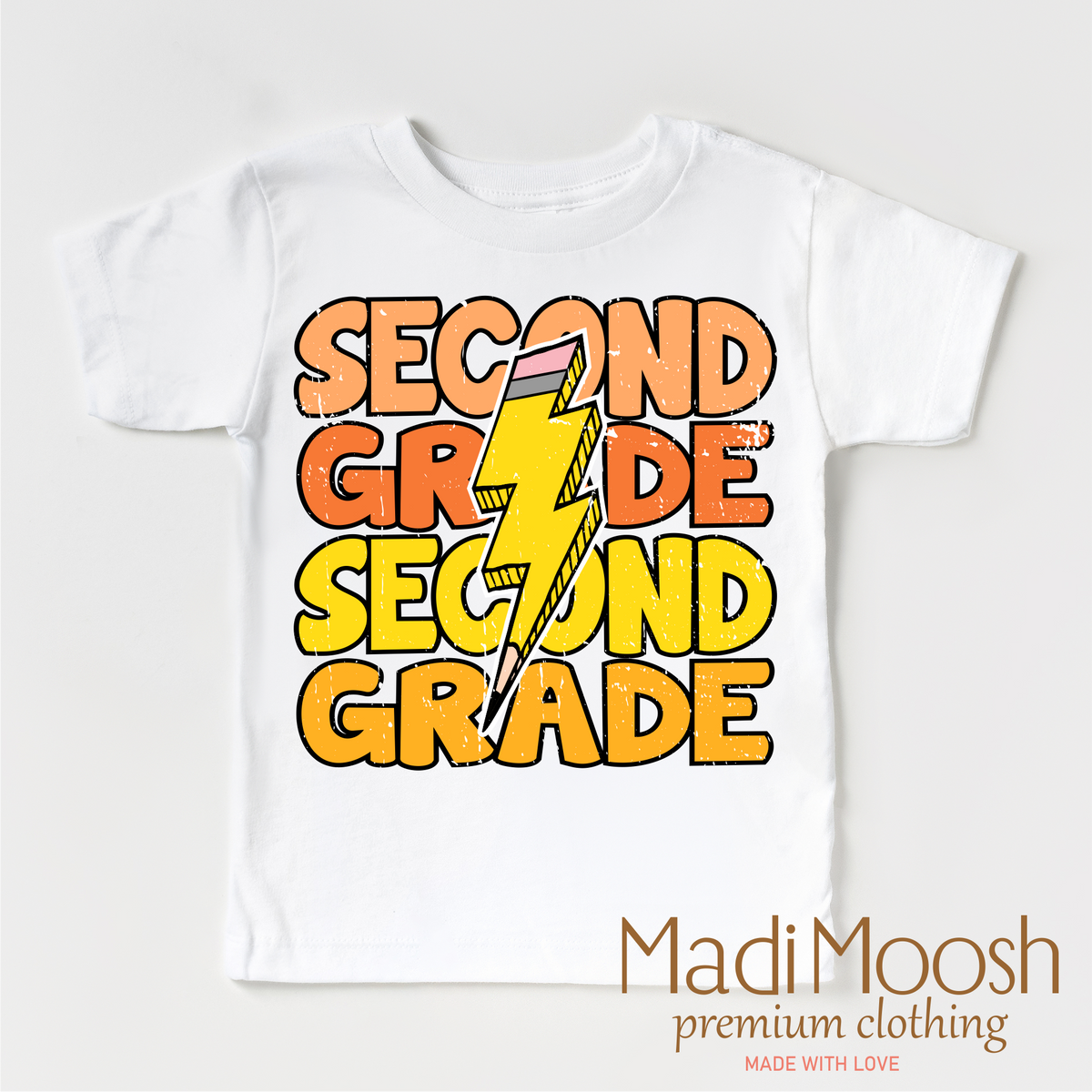 Second Grade Lightning Bolt design on a white short sleeve T-shirt.