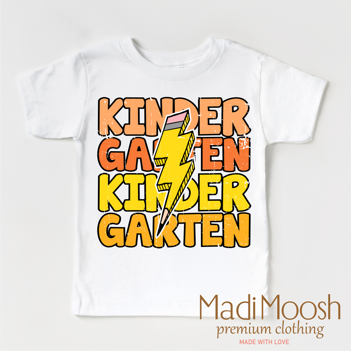 Kindergarten Lightning Bolt design on a white short sleeve T-shirt.