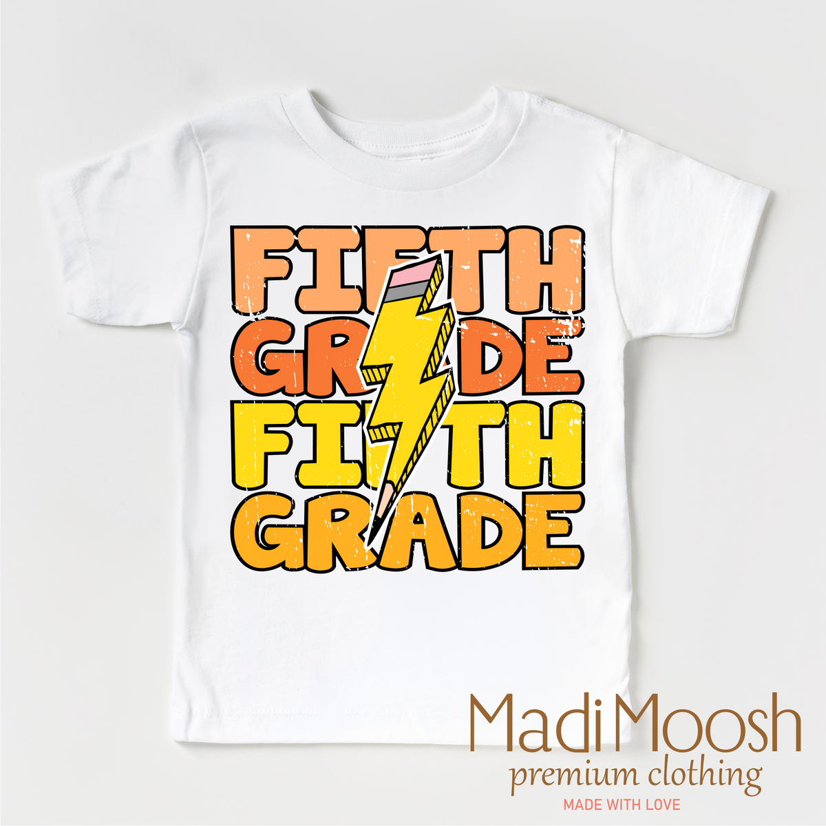 Fifth Grade Lightning Bolt design on a white short sleeve T-shirt.