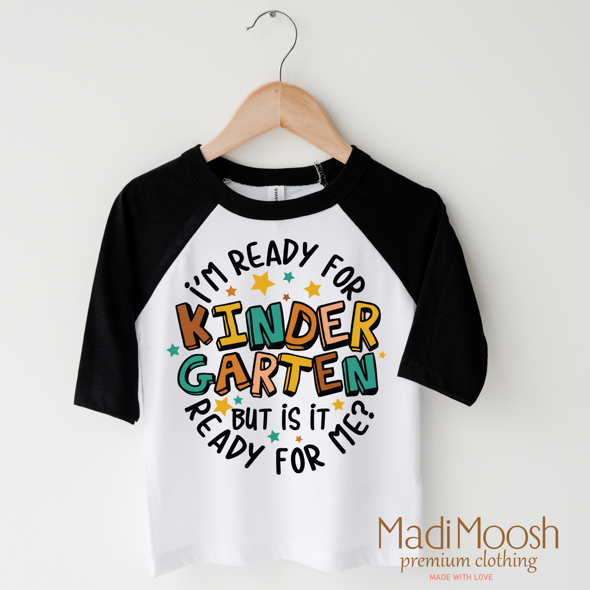 I'm Ready For Kindergarten design on a raglan shirt with black sleeves.