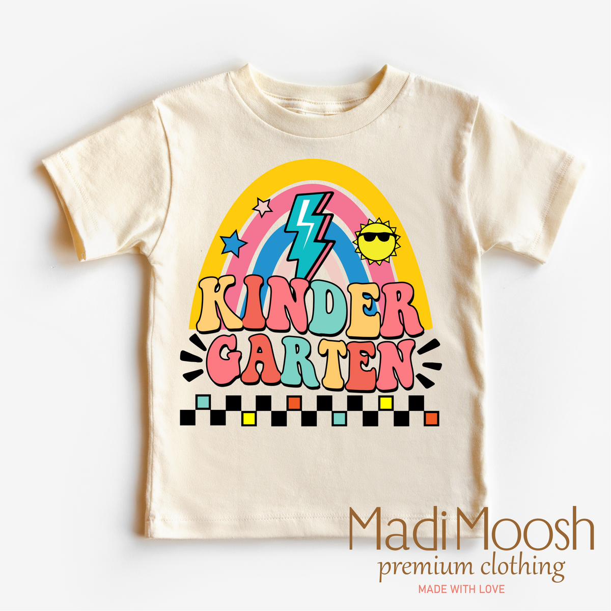 Kindergarten Rainbow School graphic T-shirt by Madi Moosh