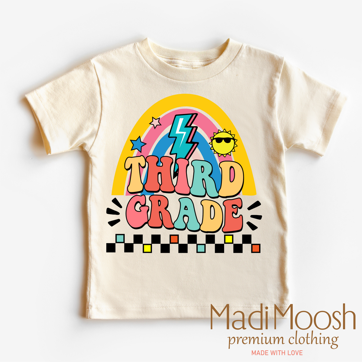 Third Grade Rainbow School design on a natural kids T-shirt.
