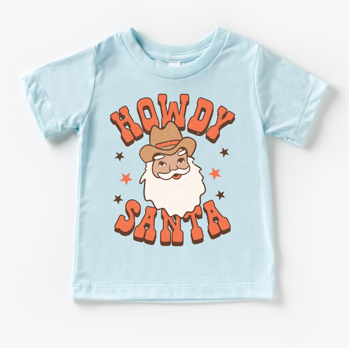 Howdy Santa Christmas T-Shirt- Kids Christmas design on a blue garment.