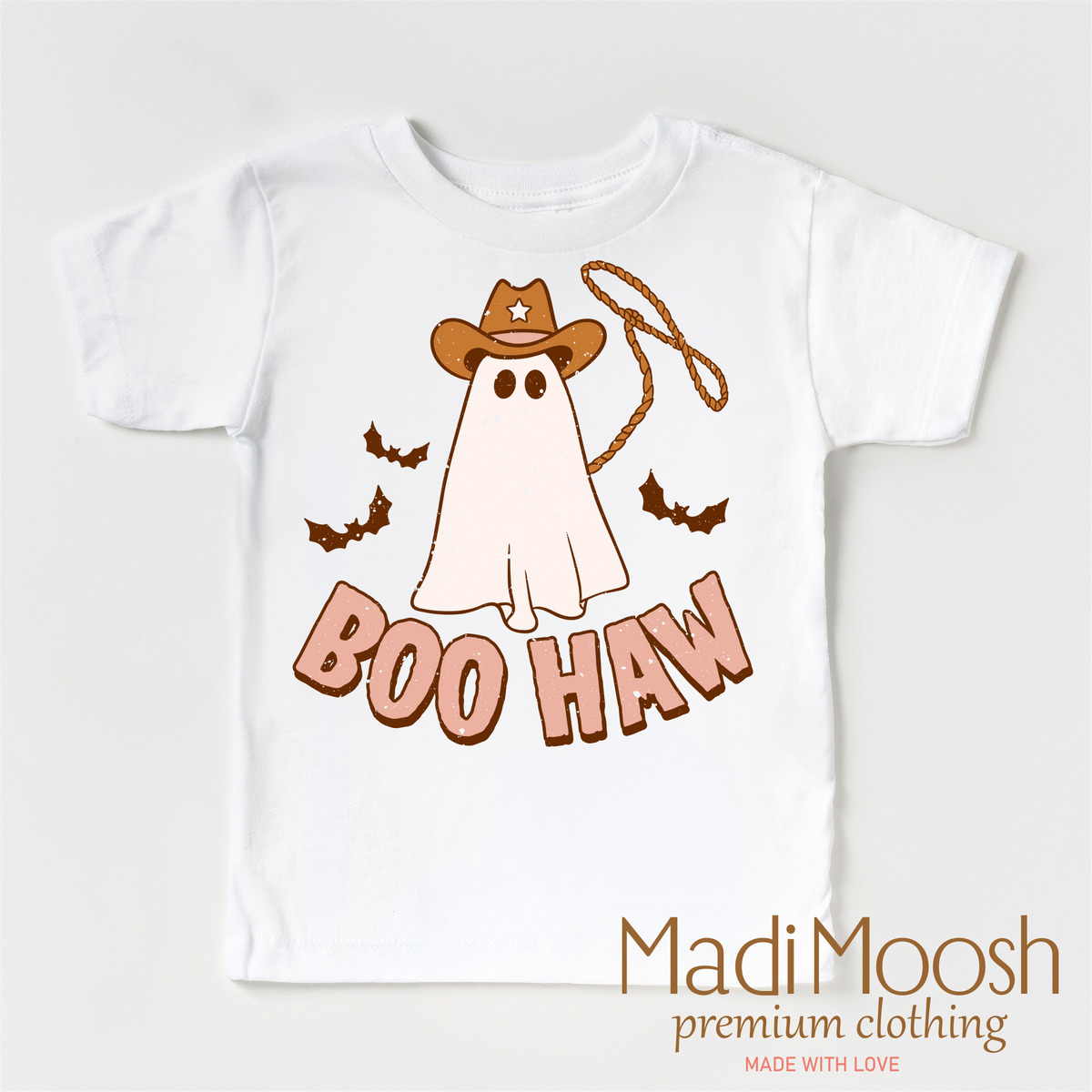 Boo Haw Ghost design on a white short sleeve T-shirt.