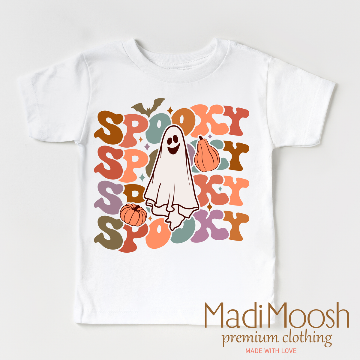 Spooky Ghost design on a white short sleeve T-shirt.