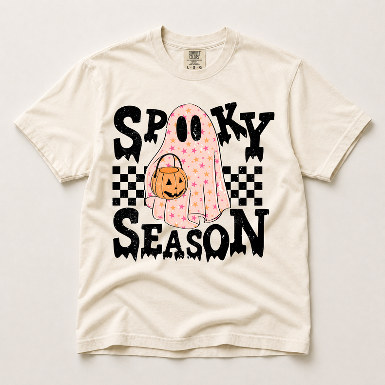 Spooky Season pink ghost Halloween shirt in ivory