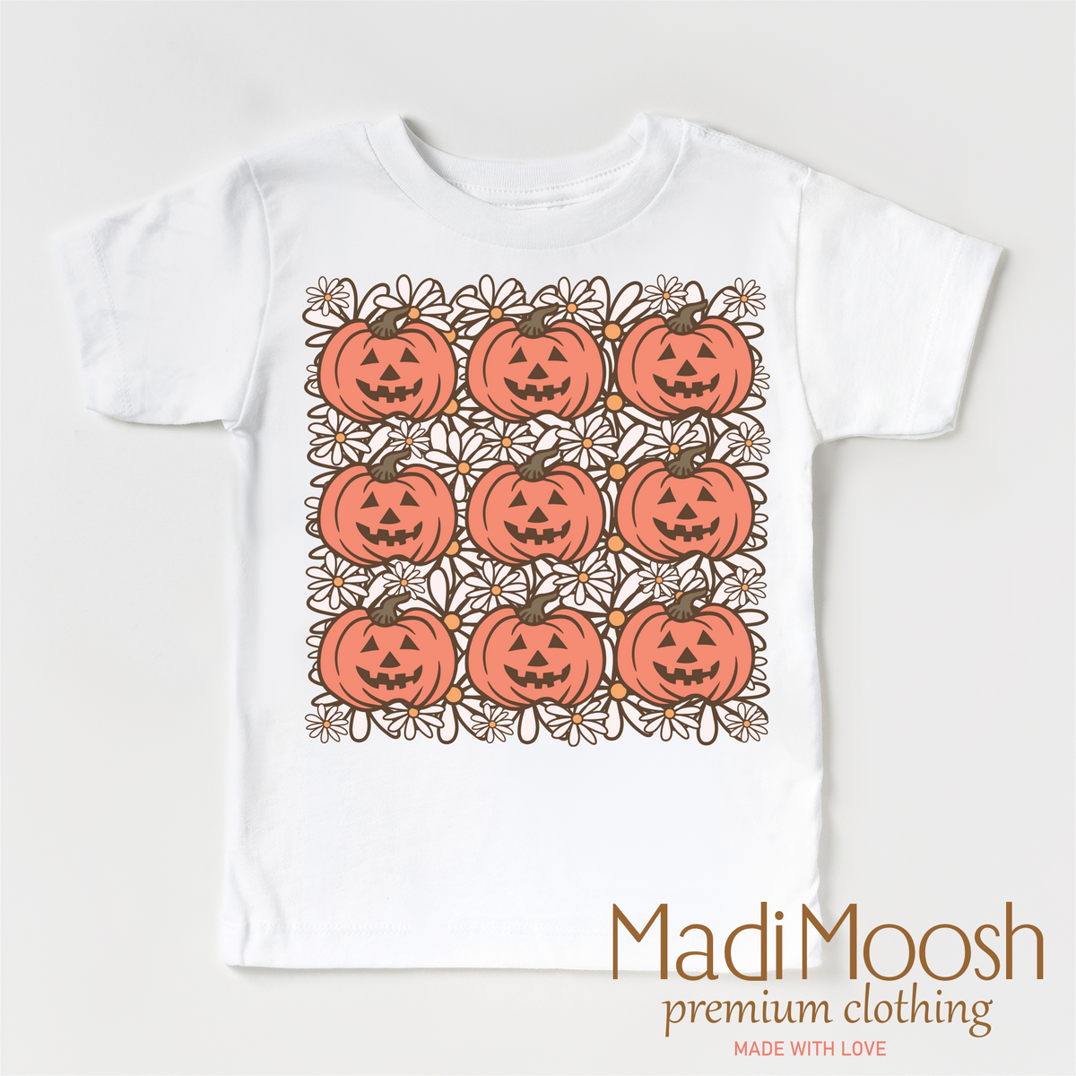 Pumpkin Season design on a white short sleeve T-shirt.