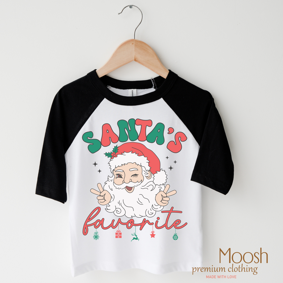 Santa's Favorite design on a raglan shirt with black sleeves.