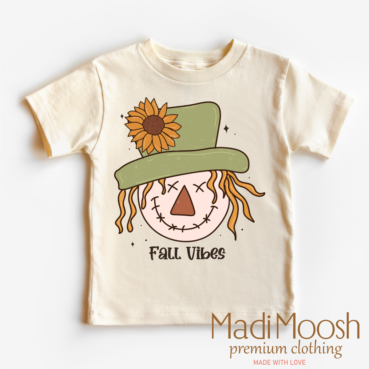 Fall Vibes Scarecrow graphic T-shirt by Madi Moosh