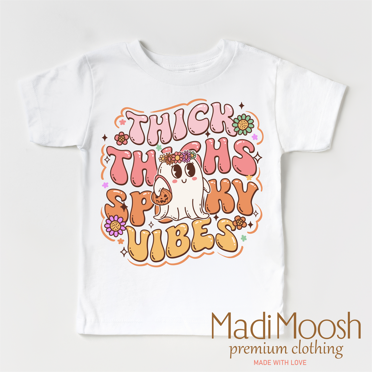 Think Thighs And Spooky Vibes design on a white short sleeve T-shirt.