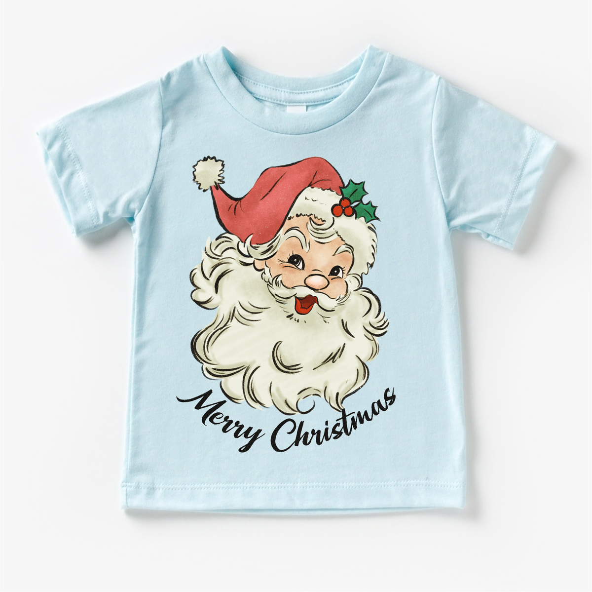 Retro Merry Christmas Santa design on a blue garment.