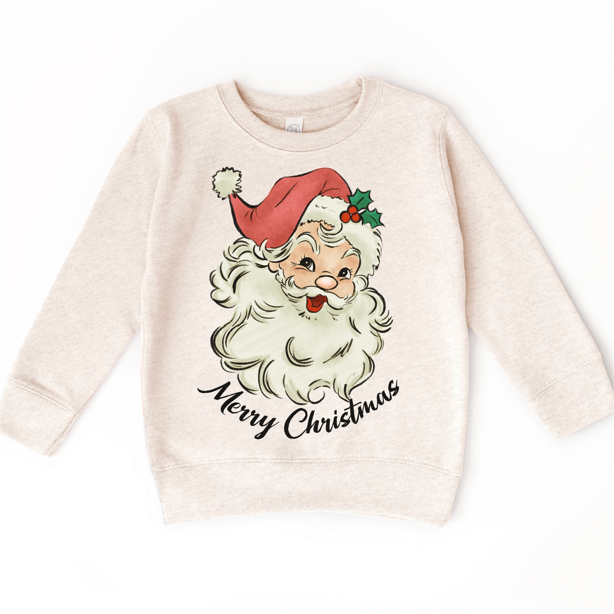 Retro Merry Christmas Santa design on a natural sweatshirt.