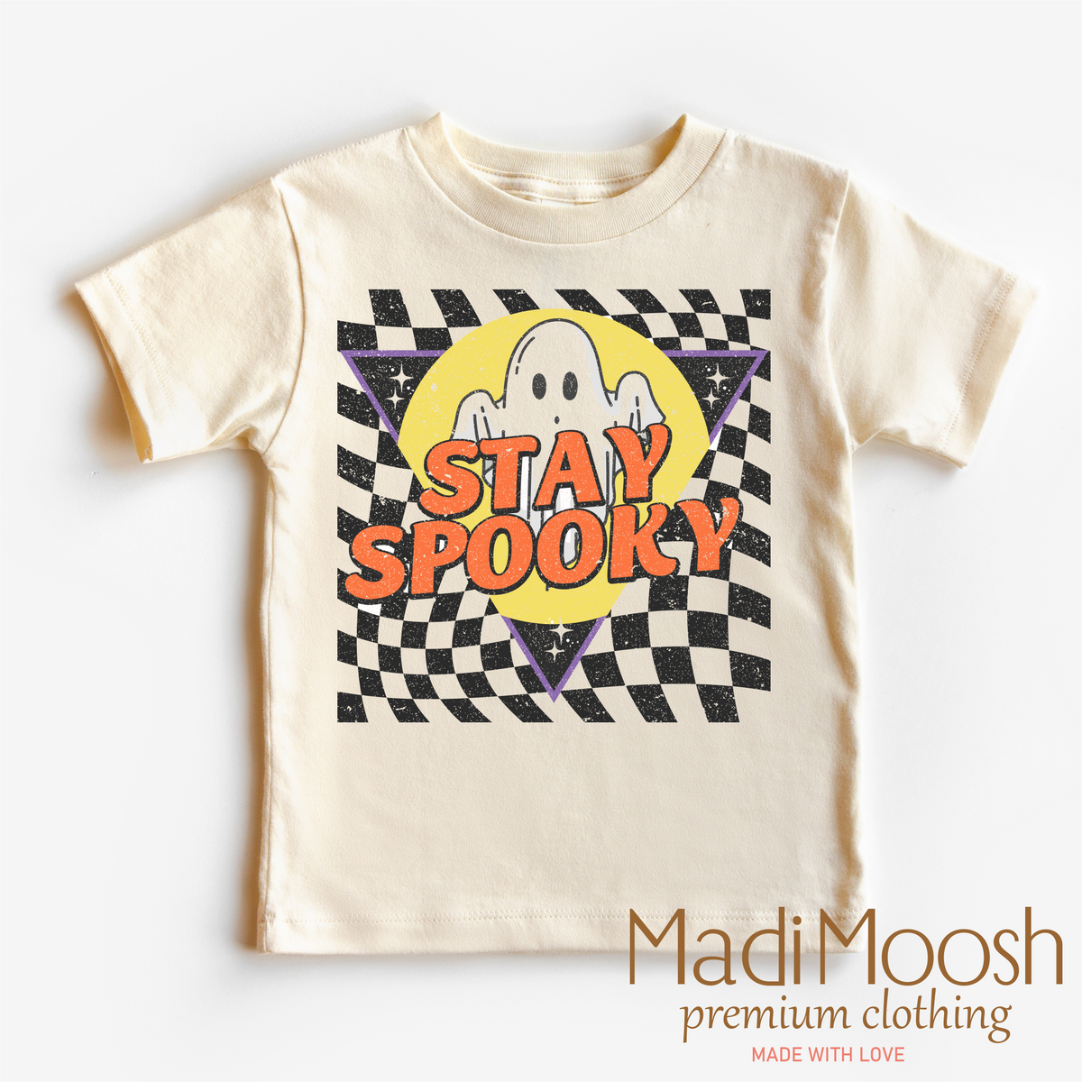 Stay Spooky Ghost design on a natural kids T-shirt.