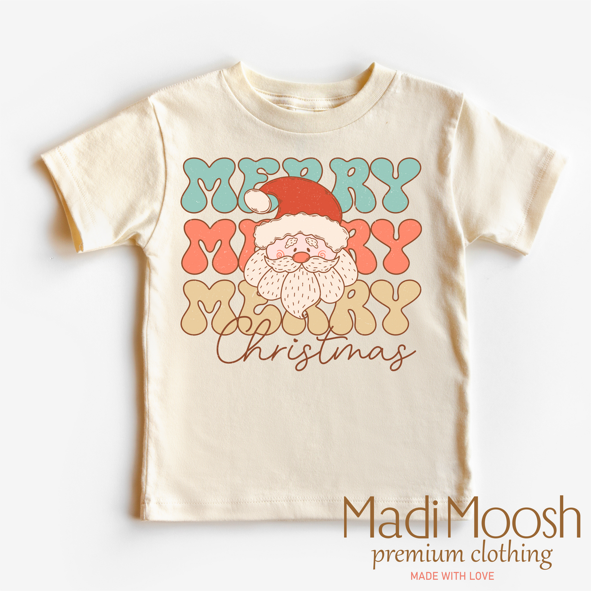 Merry Christmas Santa design on a natural kids T-shirt.