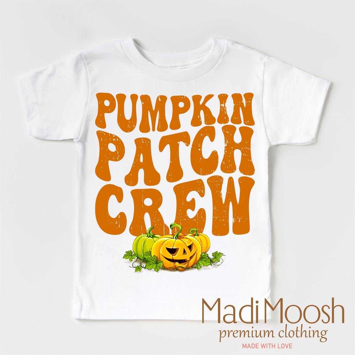 Pumpkin Patch Crew design on a white short sleeve T-shirt.