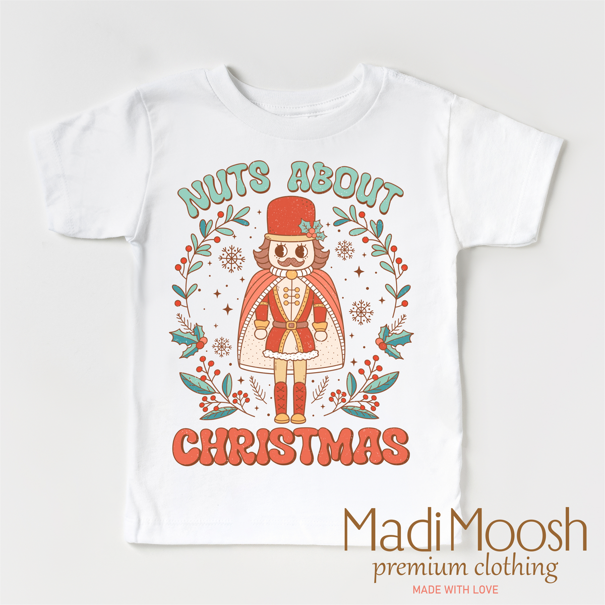 Nuts About Christmas design on a white short sleeve T-shirt.