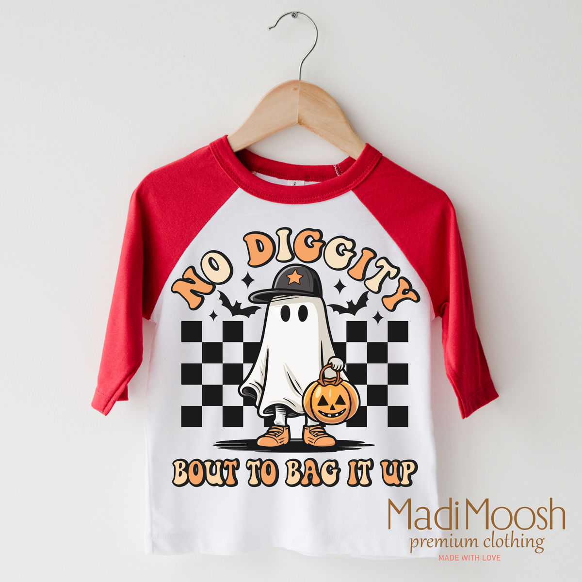 No Diggity Bout To Bag It Up design on a raglan shirt with red sleeves.