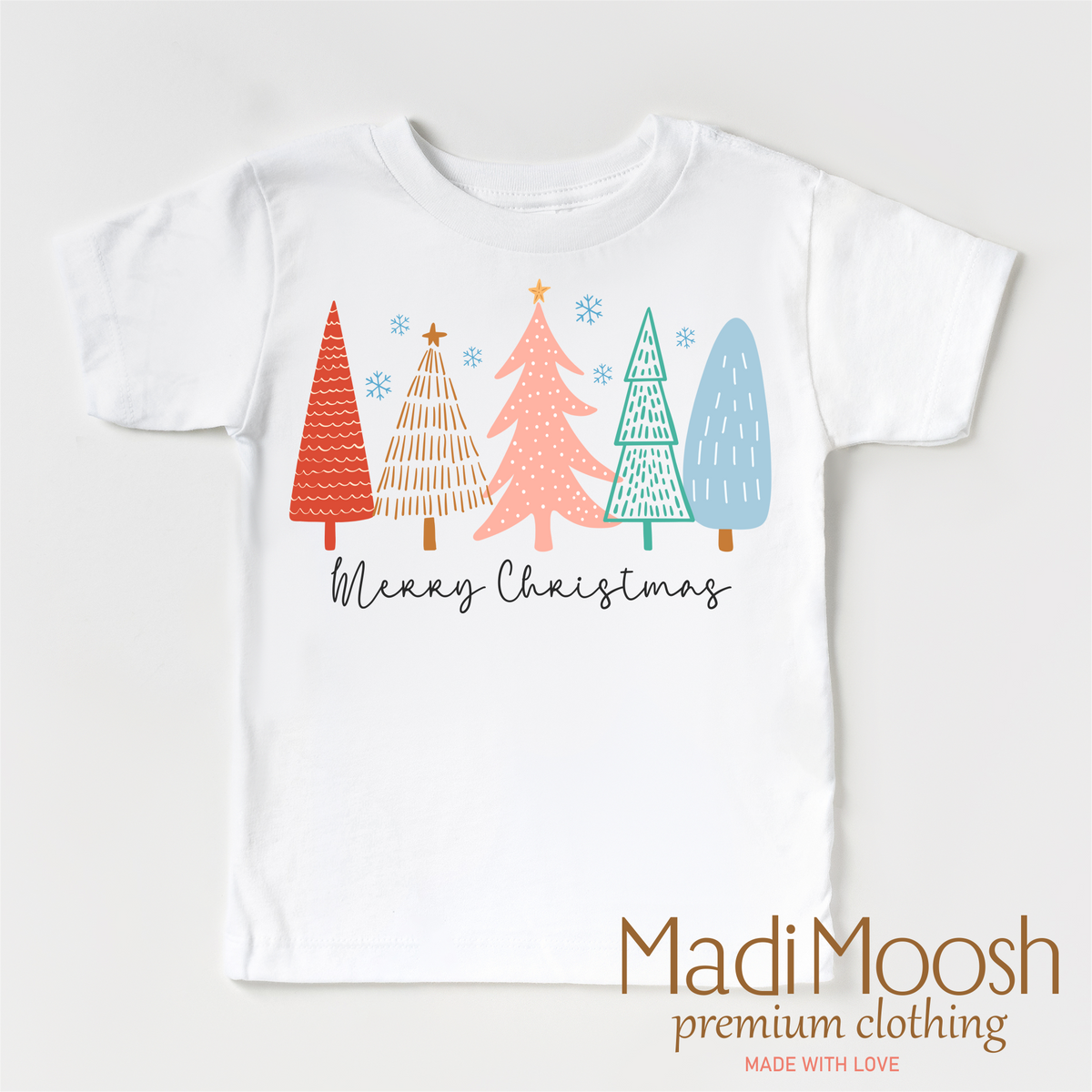 Merry Christmas Trees design on a white short sleeve T-shirt.