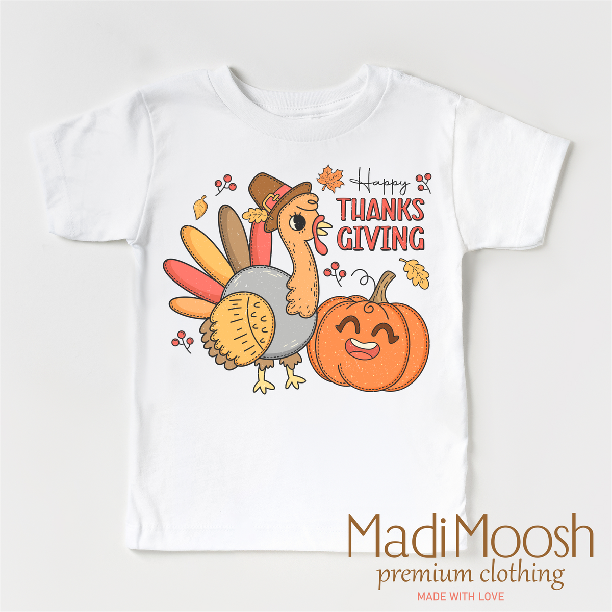 Happy Thanksgiving design on a white short sleeve T-shirt.