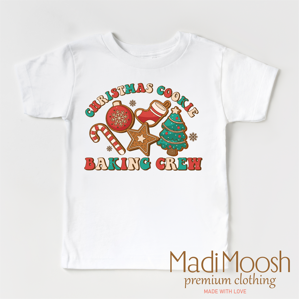 Christmas Baking Crew design on a white short sleeve T-shirt.