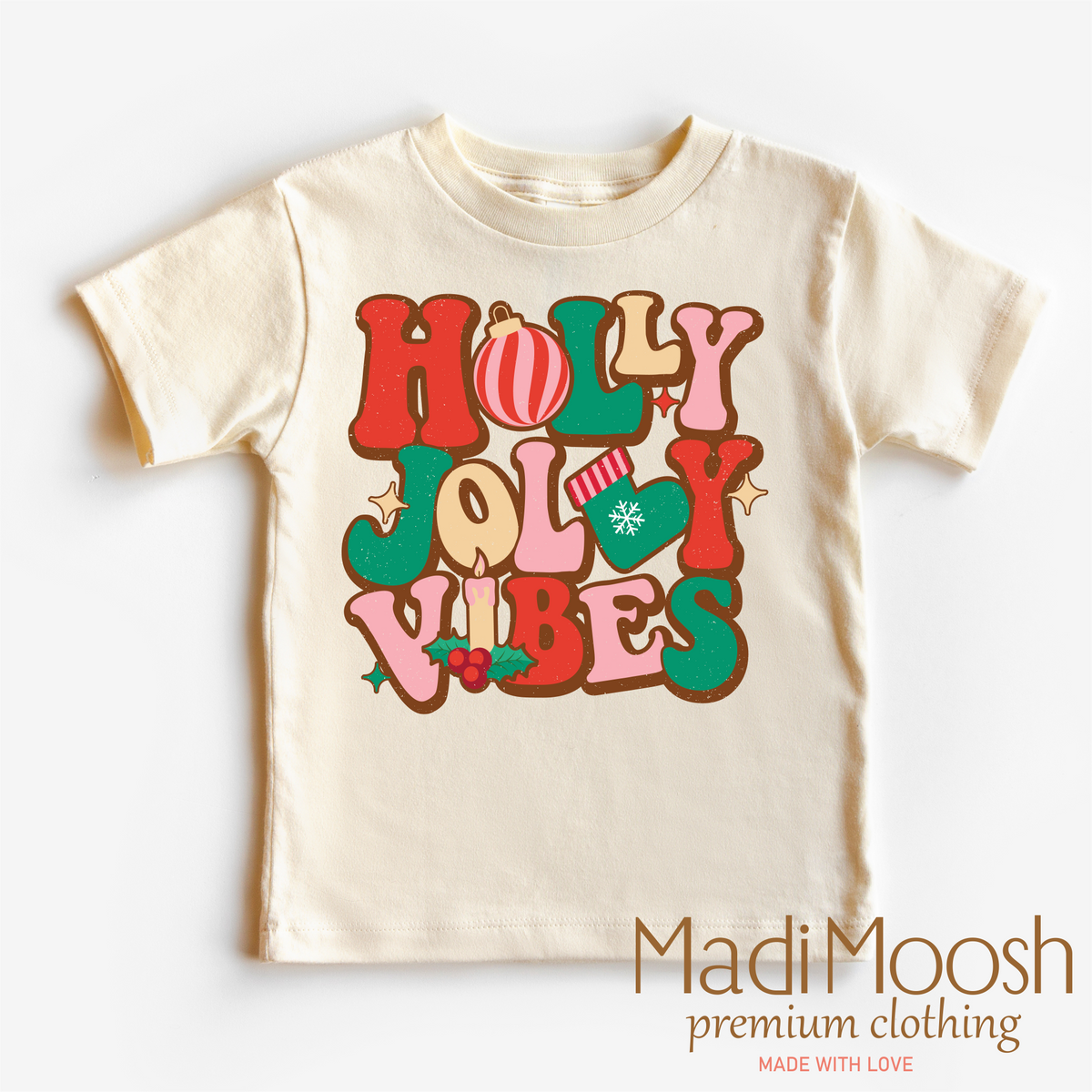 Holly Jolly Vibes, Christmas graphic T-shirt by Madi Moosh