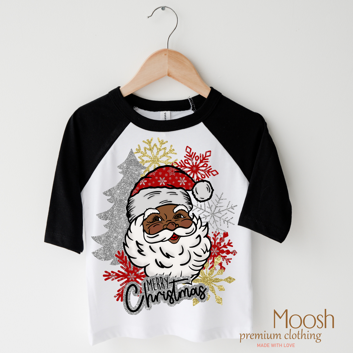 Black Santa Merry Christmas design on a black-accented shirt.
