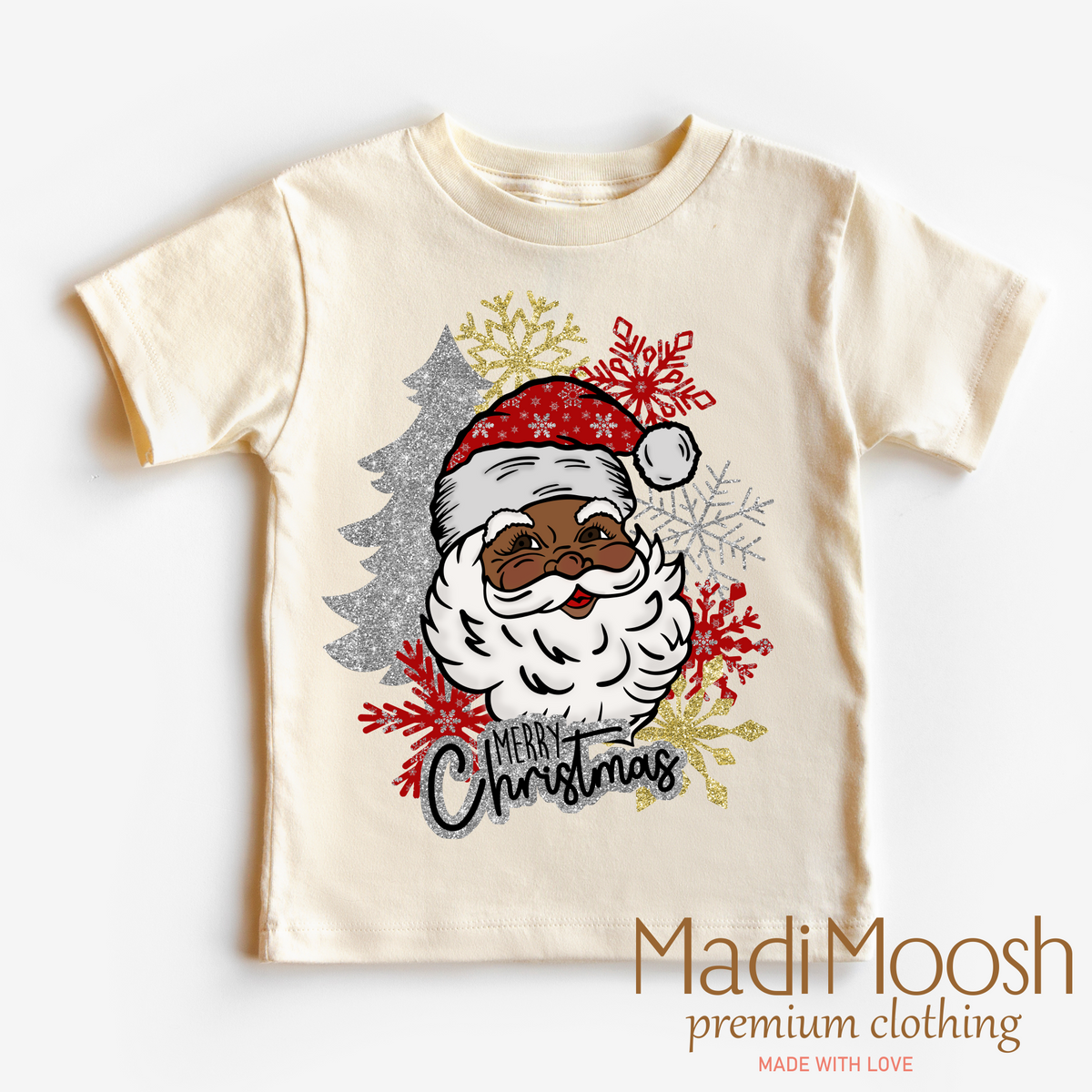 Black Santa Merry Christmas graphic T-shirt by Madi Moosh