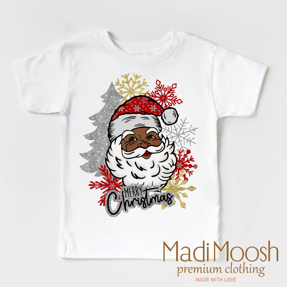 Black Santa Merry Christmas Shirt product design and garment details.