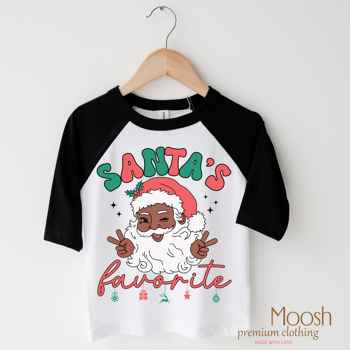 Black Santa design on a black-accented shirt.