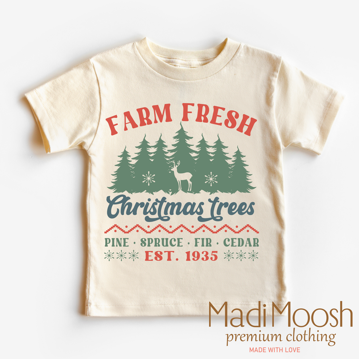 Fresh Farm Christmas Trees graphic T-shirt by Madi Moosh