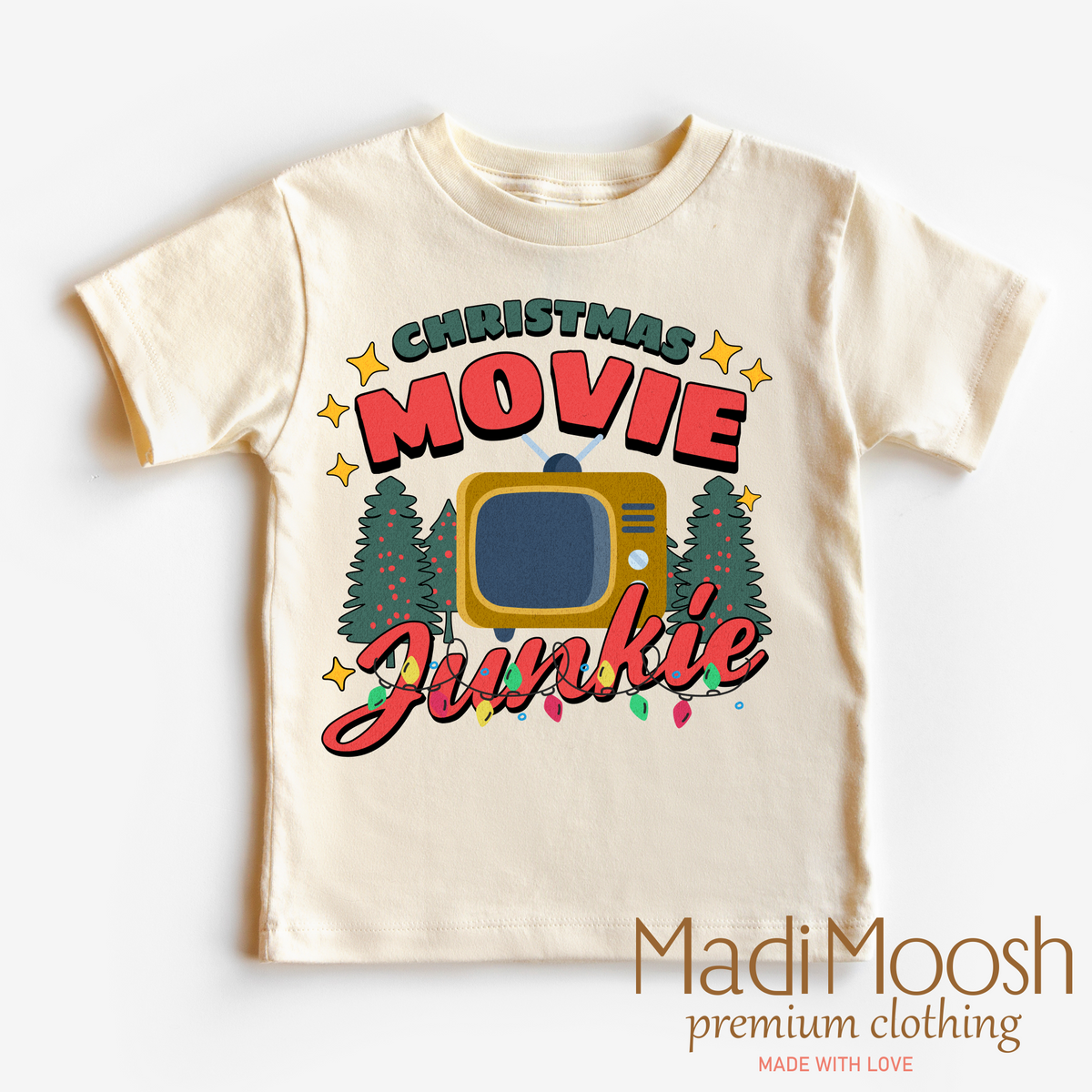Christmas Movie Junkie artwork on Natural kids T-shirt